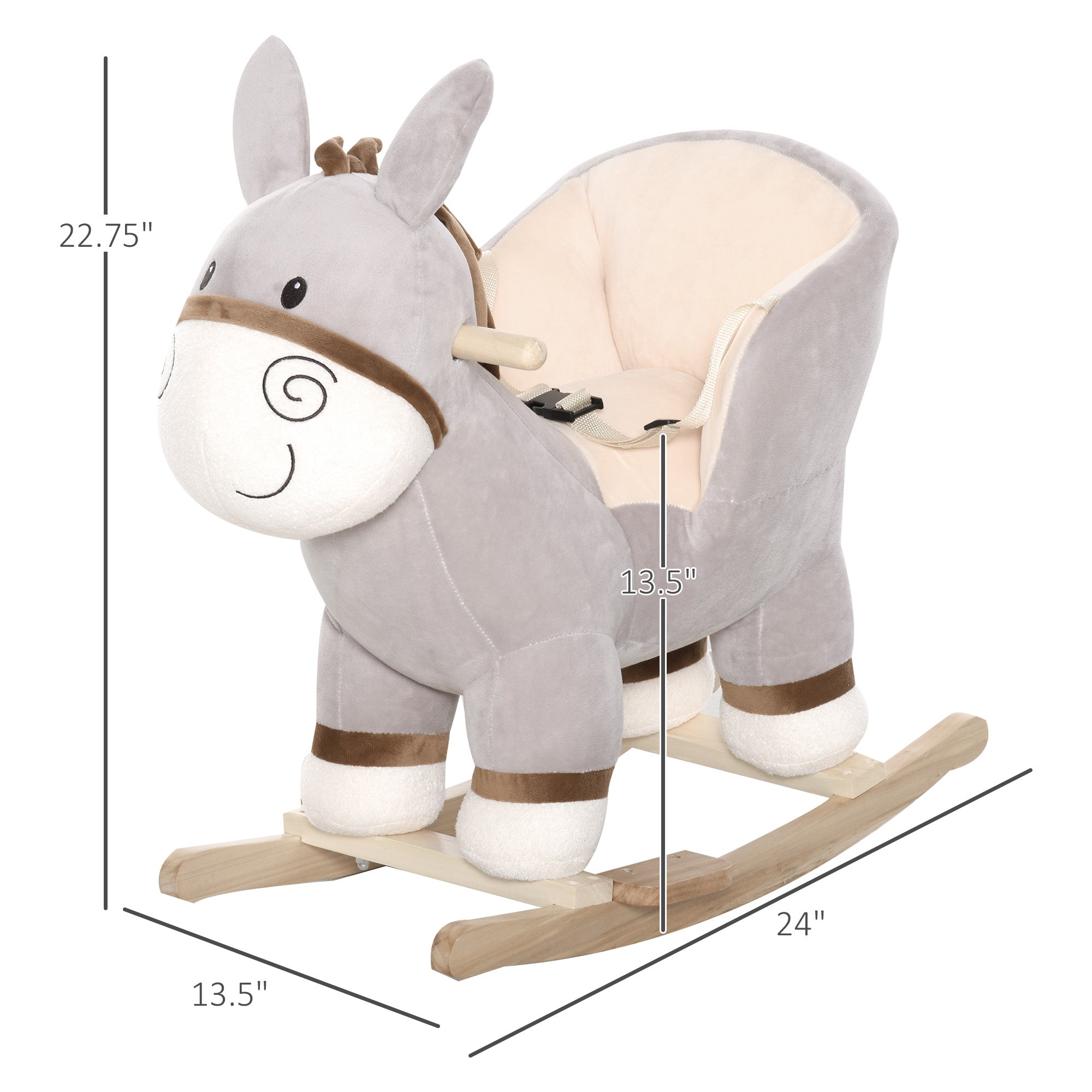 Kids Rocking Chair, Plush Ride On Rocking Horse Donkey With Sound, Wood Base Seat, Safety Belt, Baby Toddler Rocker Toy For 18 - 36 Months, Gray