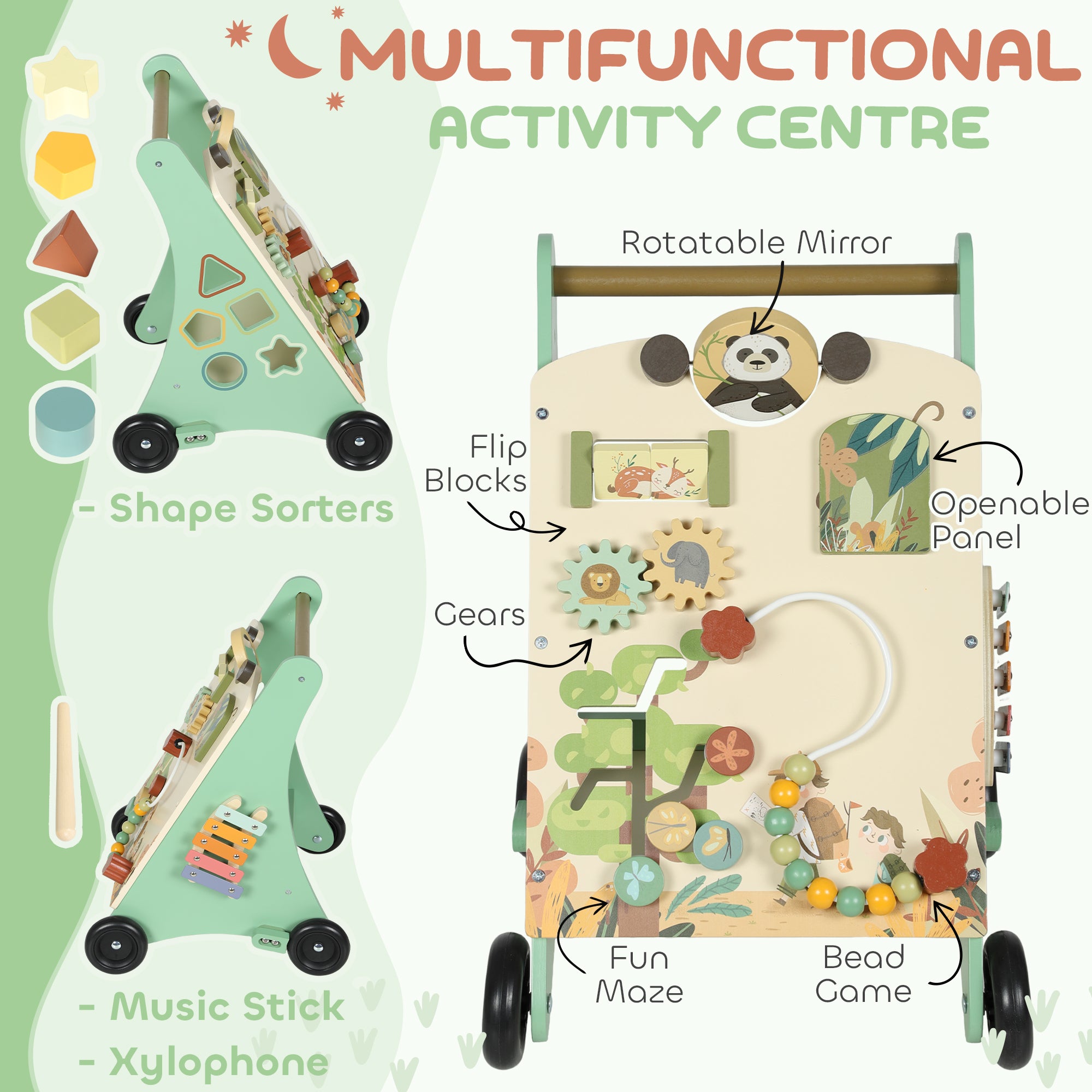 Wooden Baby Walker, Push Along Walker Toys With Speed Control, Xylophone, Gears And Bead Maze, Green
