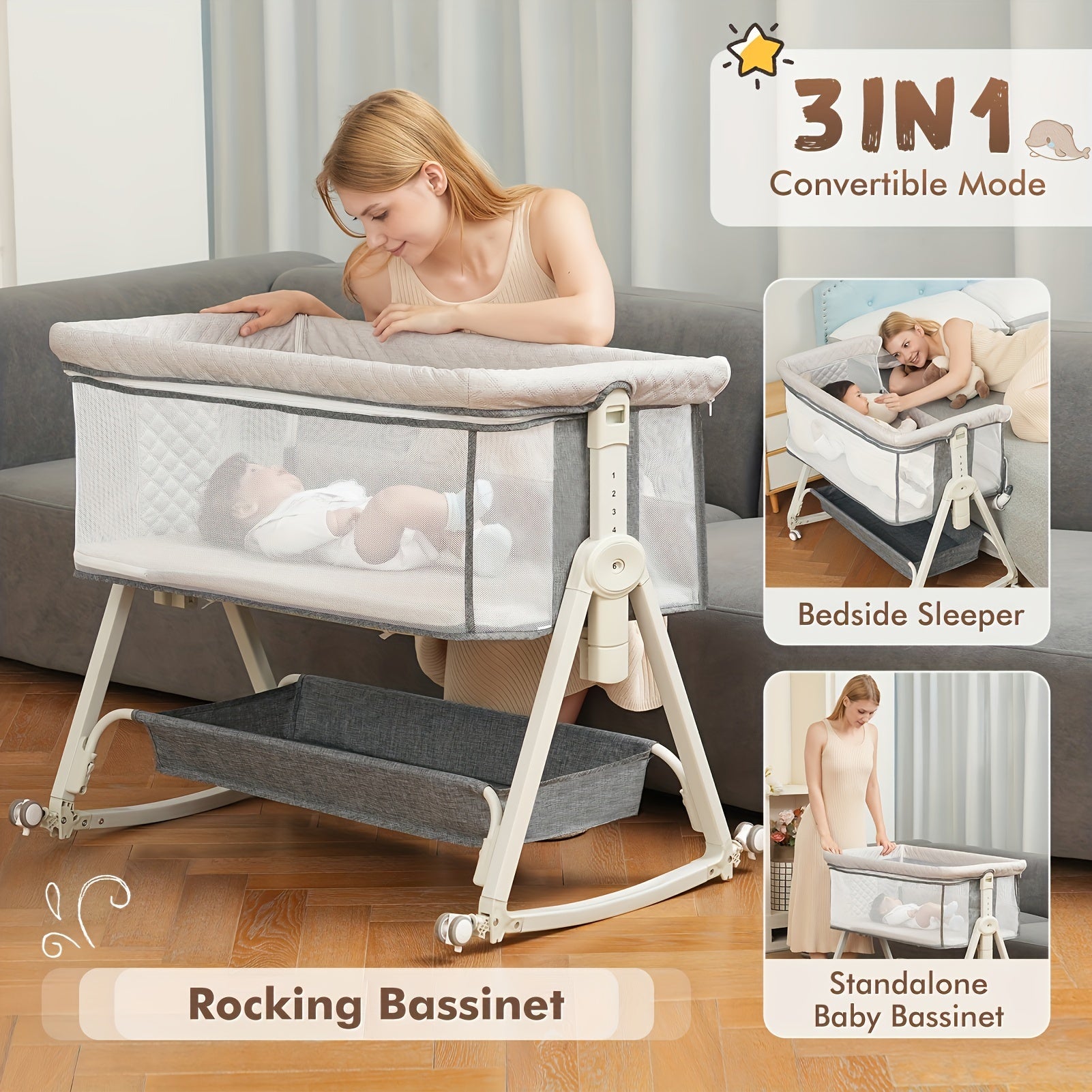 Baby Bassinet, 3 In 1 Baby Bassinets Bedside Sleeper With Mosquito Nets, Comfortable Sleep, Bedside Bassinet For Baby With Wheels And Storage Basket, All Mesh & Adjustable Height Bedside Crib For Newborn 0-6 Months, Halloween