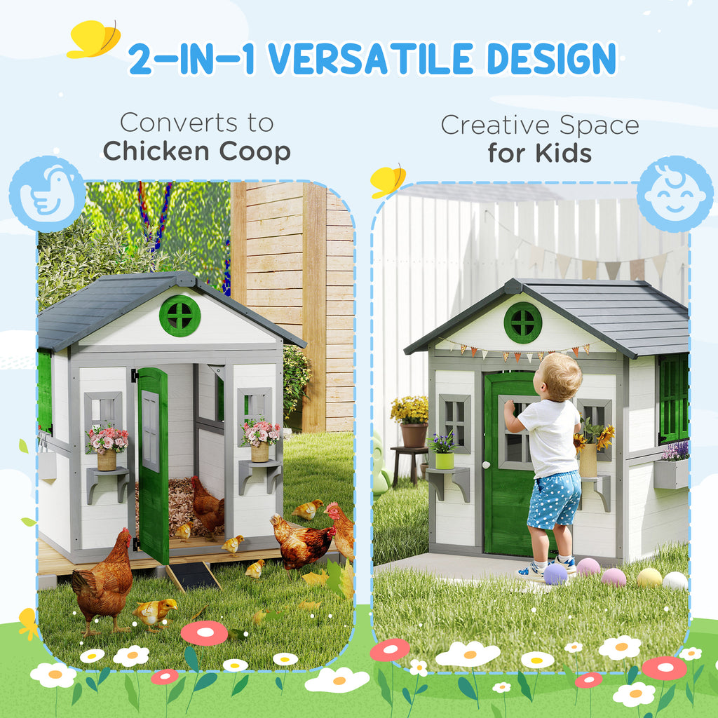 Wooden Playhouse for Kids Outdoor with Doors, Windows, Planter Pots and Boxes for Toddlers 3-8 Years, White