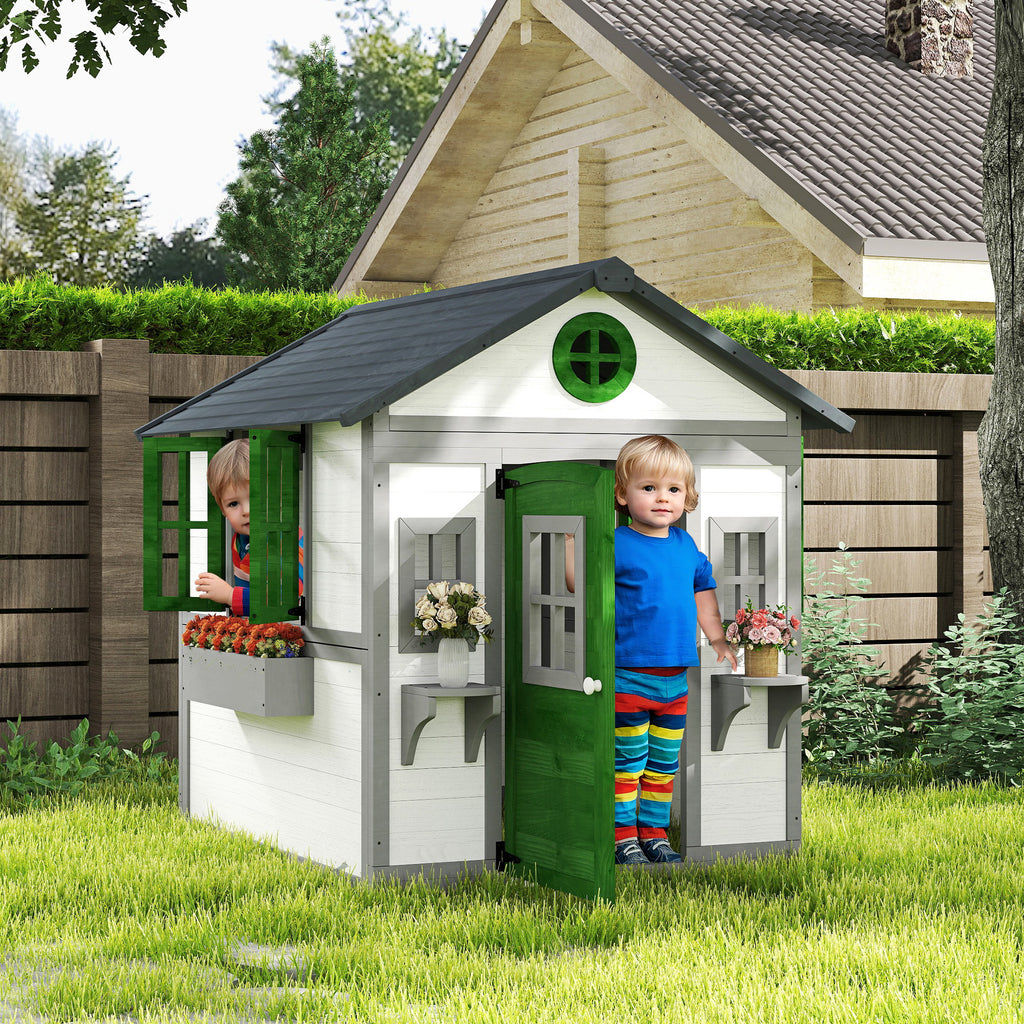 Wooden Playhouse for Kids Outdoor with Doors, Windows, Planter Pots and Boxes for Toddlers 3-8 Years, White
