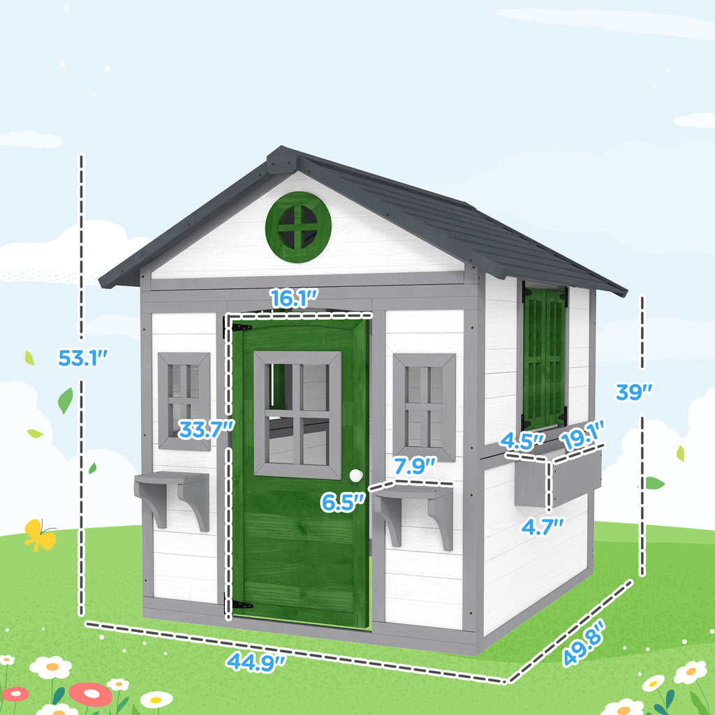 Wooden Playhouse for Kids Outdoor with Doors, Windows, Planter Pots and Boxes for Toddlers 3-8 Years, White