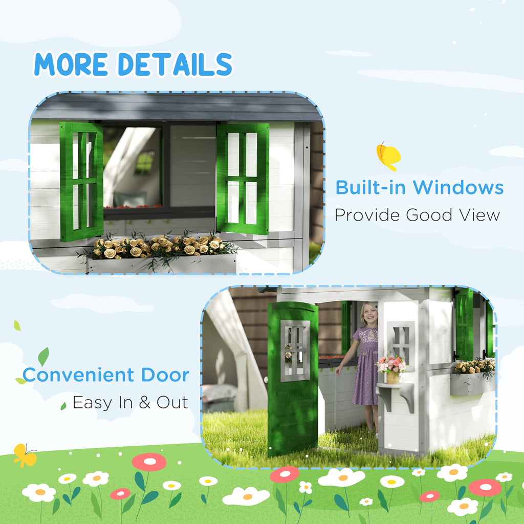 Wooden Playhouse for Kids Outdoor with Doors, Windows, Planter Pots and Boxes for Toddlers 3-8 Years, White