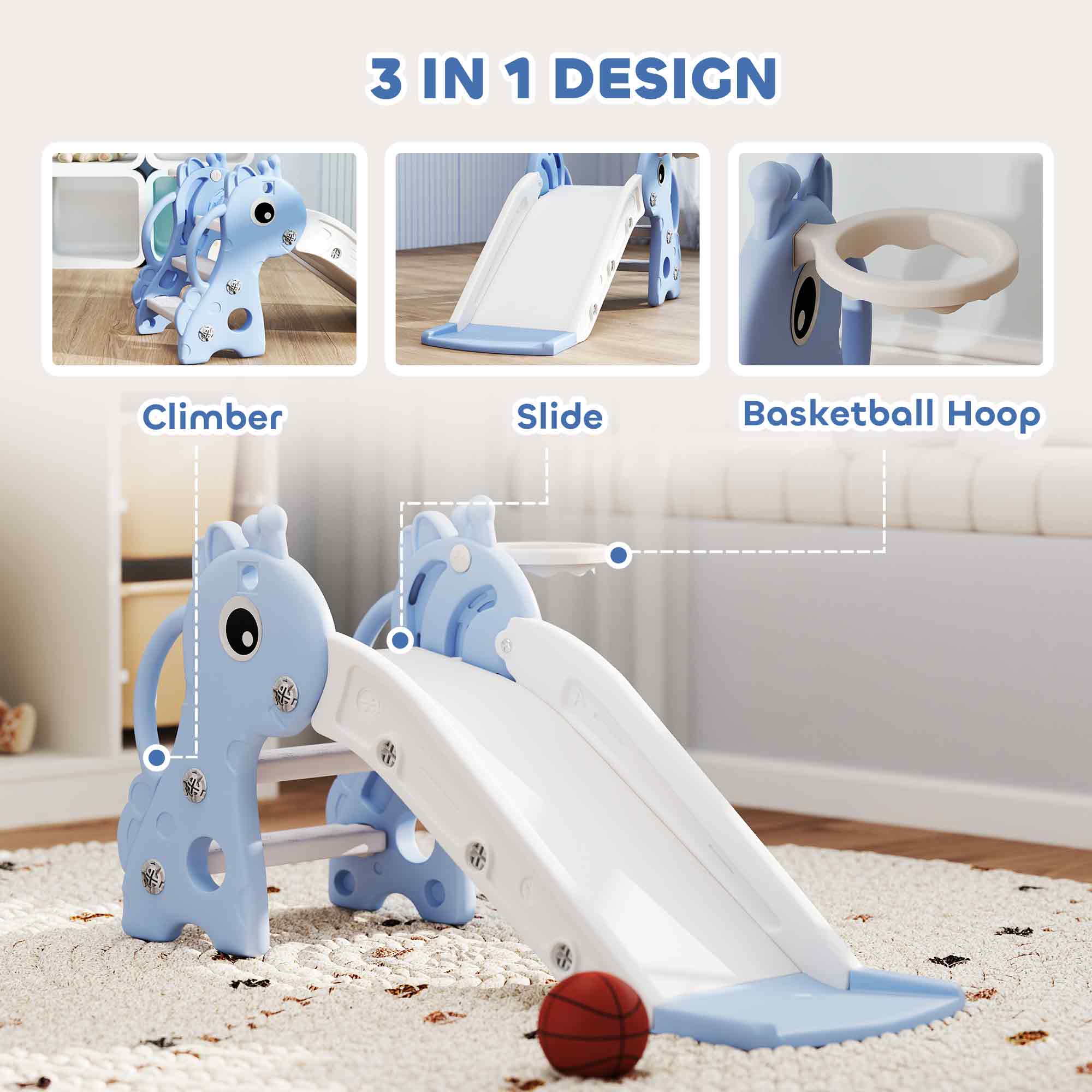 3-in-1 Toddler Slide for Age 1-3, Freestanding Kids Slide with Climber, Basketball Hoop and Ball, Giraffe Design, Blue