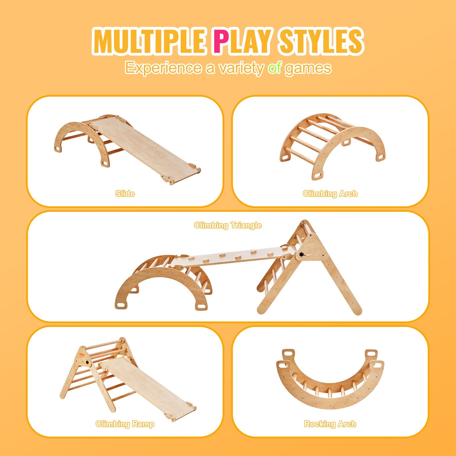 Pikler Triangle Set, 5 In 1 Toddler Climbing Toys Indoor Playground, Ramp, And Arch, Montessori Climbing Set With Triangle, Large Size Wooden Climbing Gym For Toddlers 1-3 Years, Wood Color